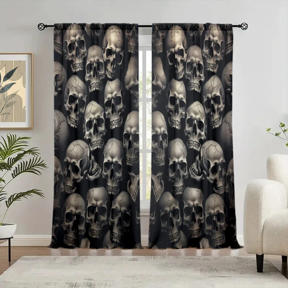 2pcs Skull Printed Curtain for Home Decor - Rod Pocket Window Treatment for Bedroom, Office, Kitchen, Living Room, and Study