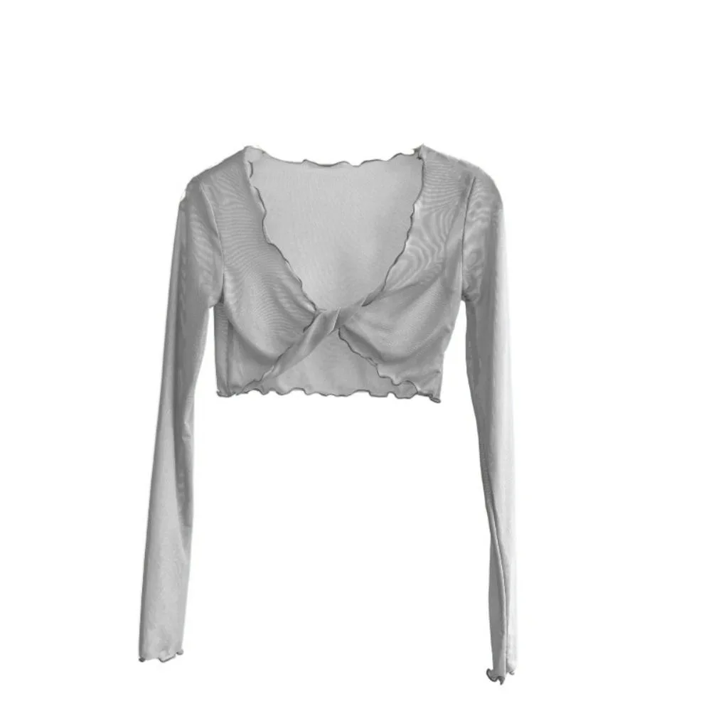 

Casual Ruffle Mesh Knot Cardigan See Through Long Sleeve Sun Protection Tops Short V-neck Transparent Cardigan Streetwear