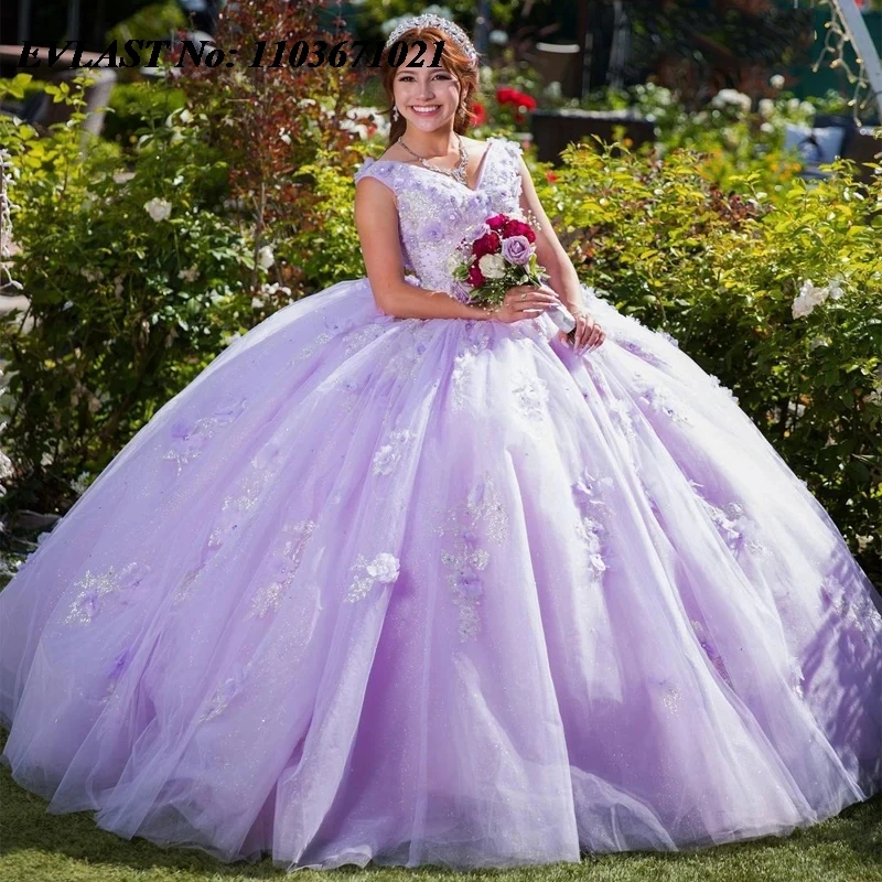 

EVLAST Customized Lilac Quinceanera Dress Ball Gown 3D Floral Applique Beading Corset Sweet 16 Vestidos De 15 Anos SQ561