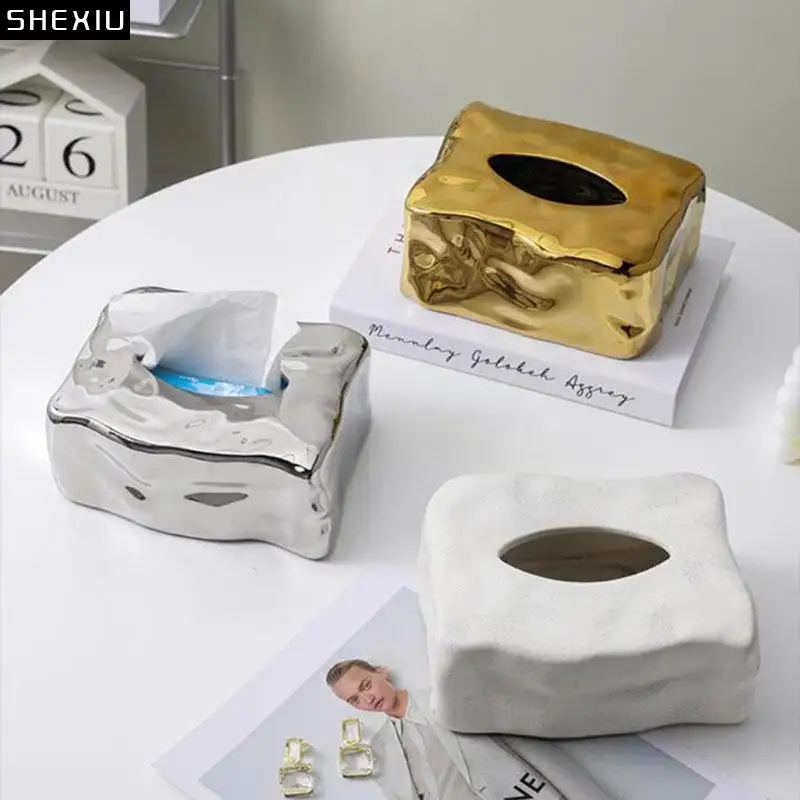 

Uneven Surface Ceramic Tissue Boxes Silver Plating Paper Towel Coffee Table Desktop Removable Box Holder