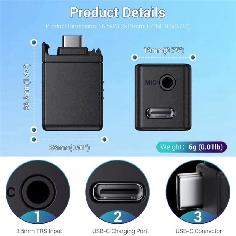 Adapter audio FEDI-3.5Mm z portem ładowania Type-C do kamery Fordji OSMO Action 4/5 Pro, obsługuje wejście zewnętrznego mikrofonu. — zdjęcie produktu 6