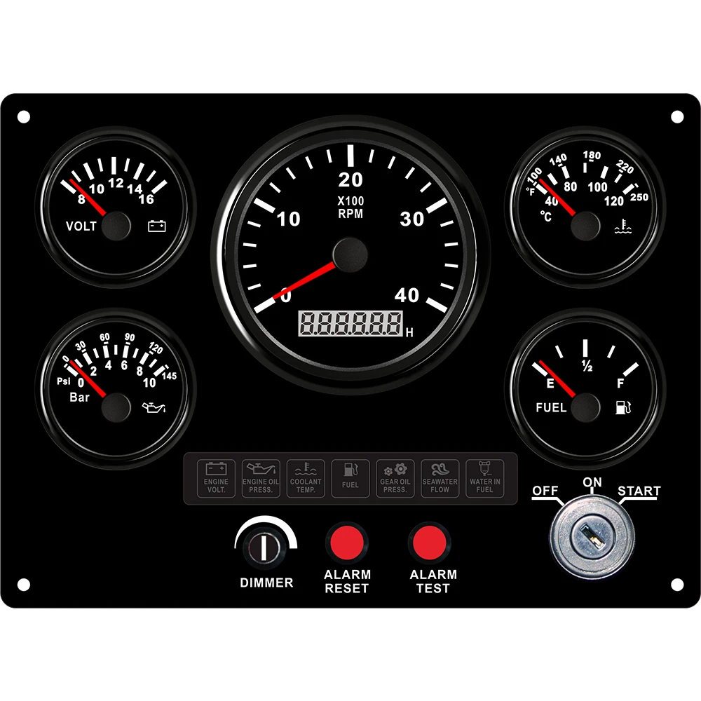 5 Gauge Set Instrument Panel with 0-4000RPM Tachometer Fuel Level Water Temp. Oil Pressure Voltmeter 241*177 mm for Boat Car 12V