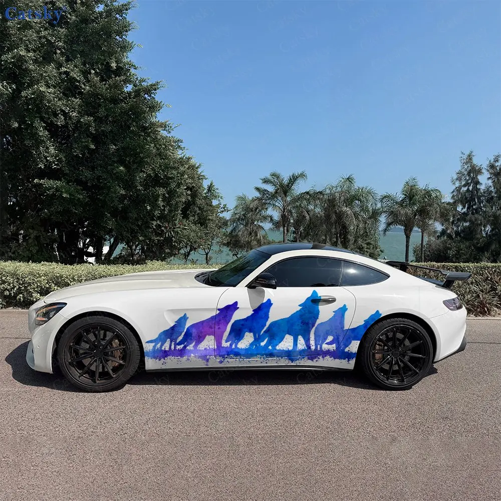 Gradient Purple Blue Howling Wolf Car Side Wraps, Self-Adhesive PVC Waterproof & Scratch-Resistant Stickers, Car Accessory Gift