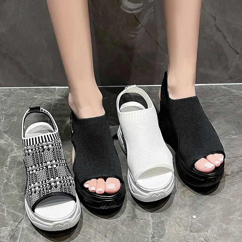 Women\'s Sandals 2024 Summer Wedge Heel Elastic Cloth Cover Foot Ladies Sandals Thick-soled Fashion Trifle Elevation Casual Shoes