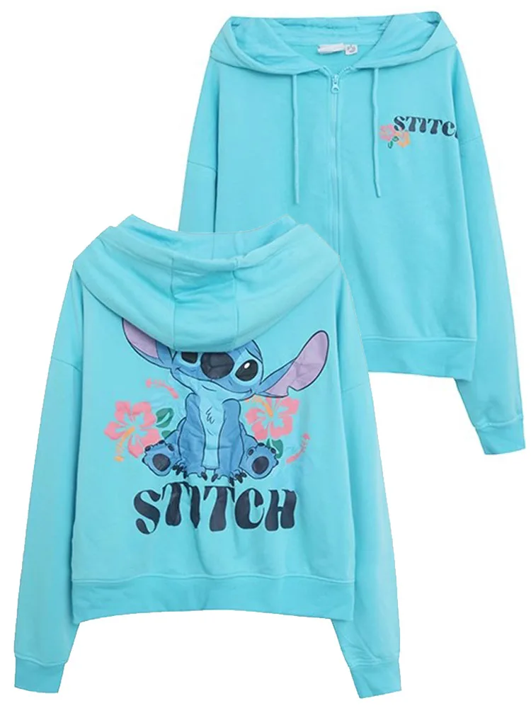 Disney Stitch Little Monster Cartoon Print Jacket Sweatshirt Women Casual Zip Hooded Jumper Tops Streetwear + Trousers Pants