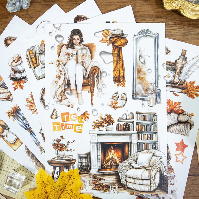 A5 Vintage Afternoon Reading Character Flower Landscape Sticker Book Creative DIY Journal Material Collage Stationery