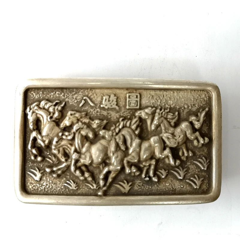 1919 Antique art Size 3.2 Inch Chinese Tibet Silver Carving eight steed Horse Statue Belt Button man Decoration gift Collection