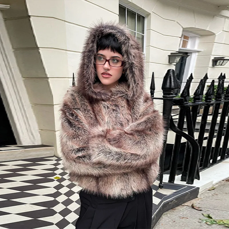 2025 شيك رشاقته رقيق معطف قصير للنساء عادية فو الفراء فضفاض مقنعين طويلة الأكمام البني سترة الشتاء الفاخرة معطف دافئ #1