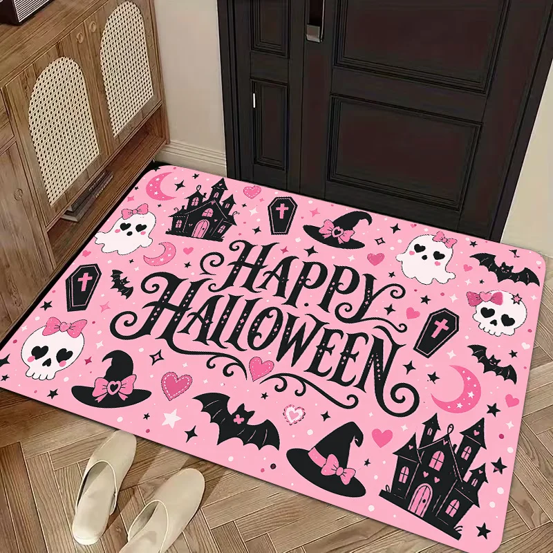 Charming Pink Halloween Decorative Floor Mat Happy Halloween Ghost Castle Witch Hat Pattern Home Entryway Indoor Spooky Decor