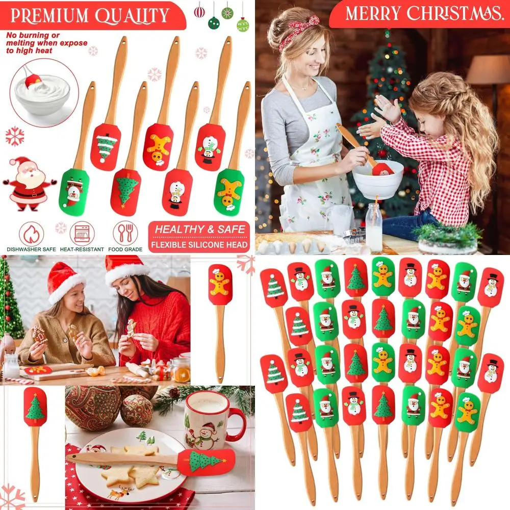 

Set of 32 Christmas Silicone Spatulas with Wooden Handles - Festive Santa, Snowman, and Gingerbread for Baking and Cooking