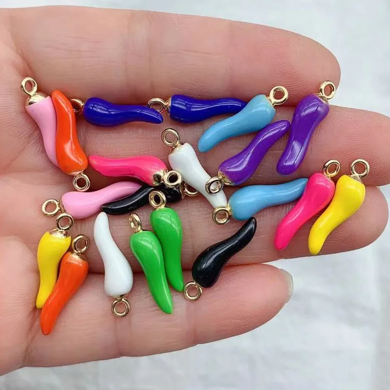 10pcs/lot Red Chili Horn Charm Alloy Talisman DIY Jewelry Accessories Craft Lucky Pendant Making Vegetabal Floating 20*5mm