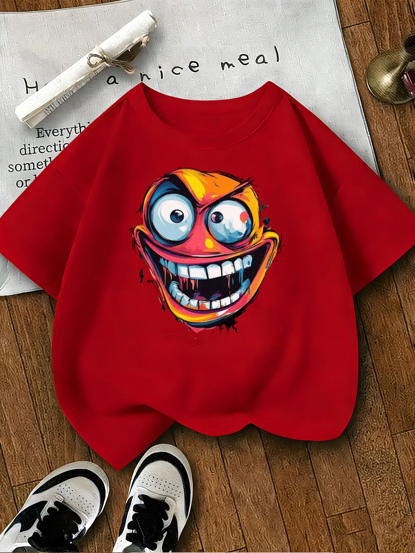 Casual Trend Cartoon Monster Printed T-shirt for Children, Fashionable and Creative Summer Round Neck Casual Parent-child Top