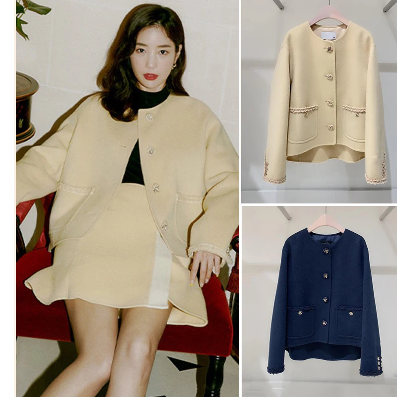 

Ele Double-Faced Camere Woolen Coat ort Outerwear Women's Sli Autumn Winter Faion Sweet Sle round Ne Button up