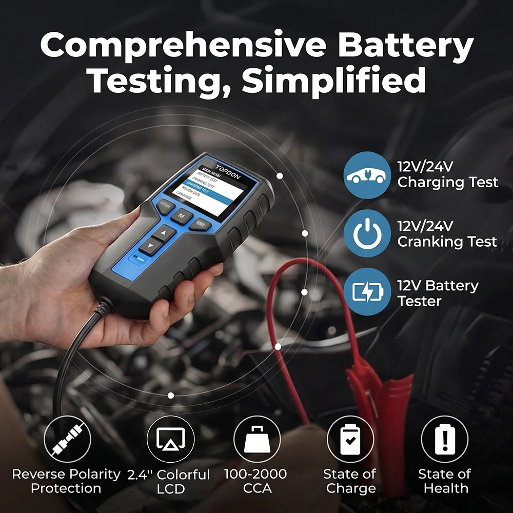 TOPDON BT200 12V Car Battery Tester Digital Automotive Diagnostic Battery Tester Analyzer Vehicle Cranking Charging Scanner Tool