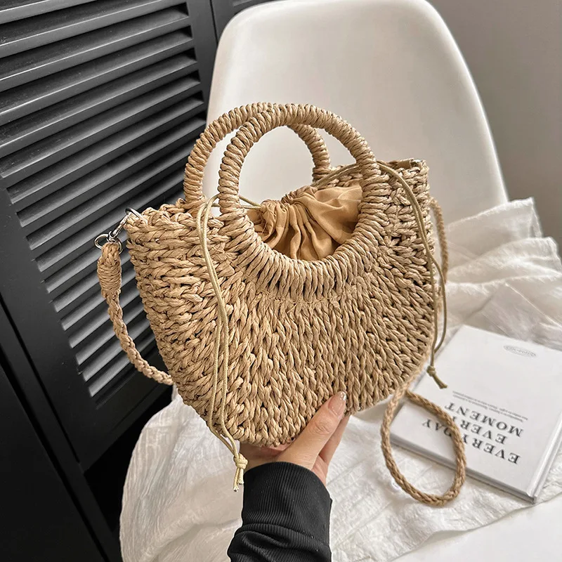 2026 NEUE Sommer Damen Handgefertigte Gewebte Stroh-Rattan Halbmond-Strandtasche Große Kapazität Hohle Crossbody Schultertasche – Detail 10