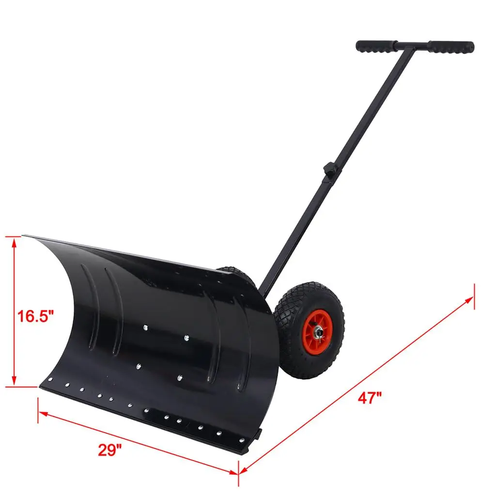 Snow Shovel with Wheels, 29 x 16.5 Inch Heavy Duty Snow Pusher Equipped with Cushioning Pad and Adjustable Angle