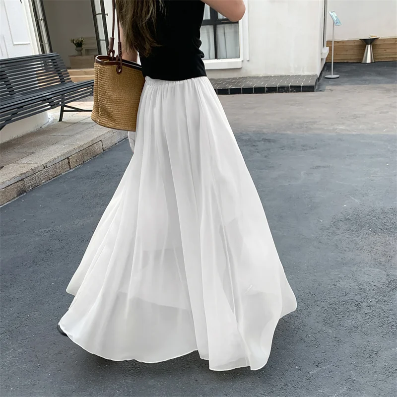 

White Chiffon Floor-Length Half Skirt Women's Base Layer Skirt Slimming Drifting A-Line Umbrella Skirt with Inner