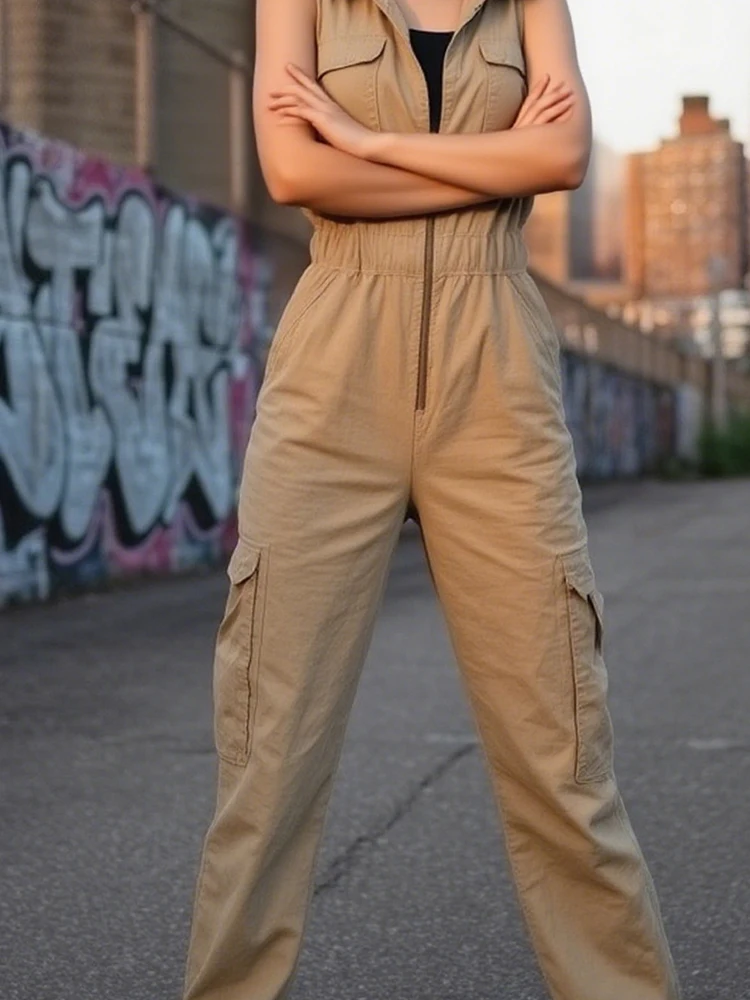 Kombinezon damski bez rękawów z klapami, elegancki, jednolity kolor, zapinany na zamek, idealny do pracy, letni, nowy, z wysokim stanem, z kieszeniami, kombinezon damski, ogrodniczki.
