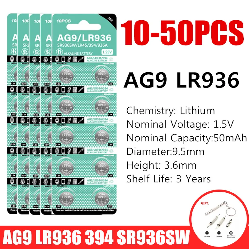 10-50PCS 1.55V AG9 LR936 394 SR936SW CX194 LR45 Button Batteries G9A 194 394A SR936 L936F Cell Coin Watch Toys Remote Battery