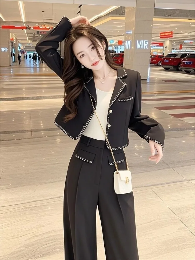 

Новый маленький ароматный осенний женский комплект из двух предметов, корейская мода, элитная элегантная короткая куртка с длинными рукавами + широкие брюки, костюм