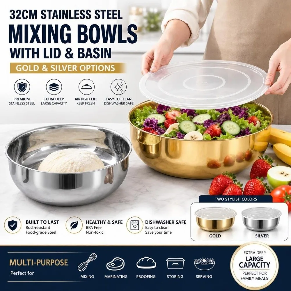 Stainless Steel Flour Mixing Bowl Gold Silver with Lid Soup Salad Bowl Multi Purpose Large Capacity Cooking Basin