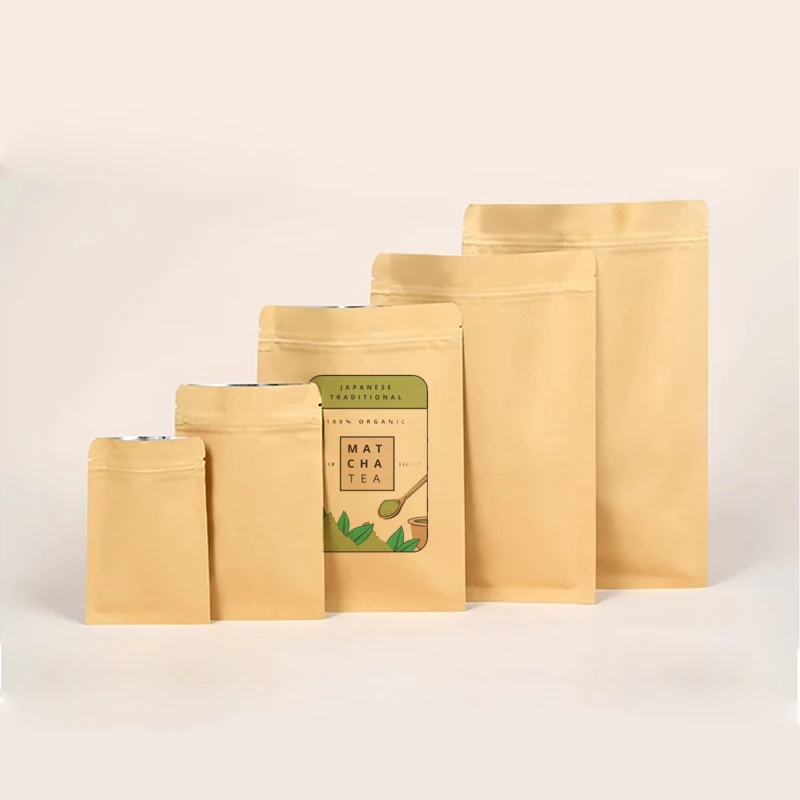 

Print Logo Flat Bottom Kraft Paper Zipper Bags Thick Tea Powder Coffee Soap Packaging Spice Cereals Heat Sealing Storage Pouches