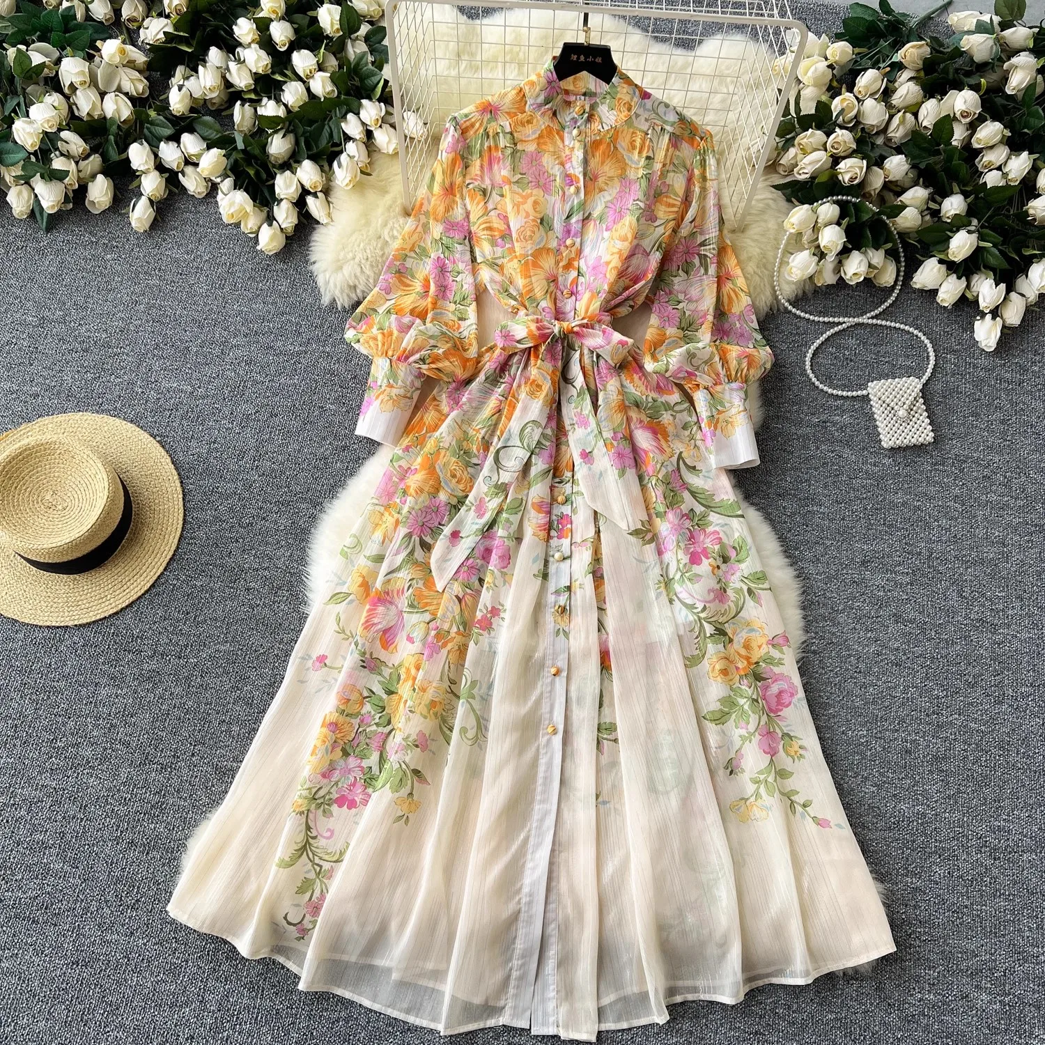 Spring Sumemr Holiday Flower Chiffon Maxi Dress Women's Stand Collar Long Lantern Sleeve Floral Print Belt Boho Robe Vestidos