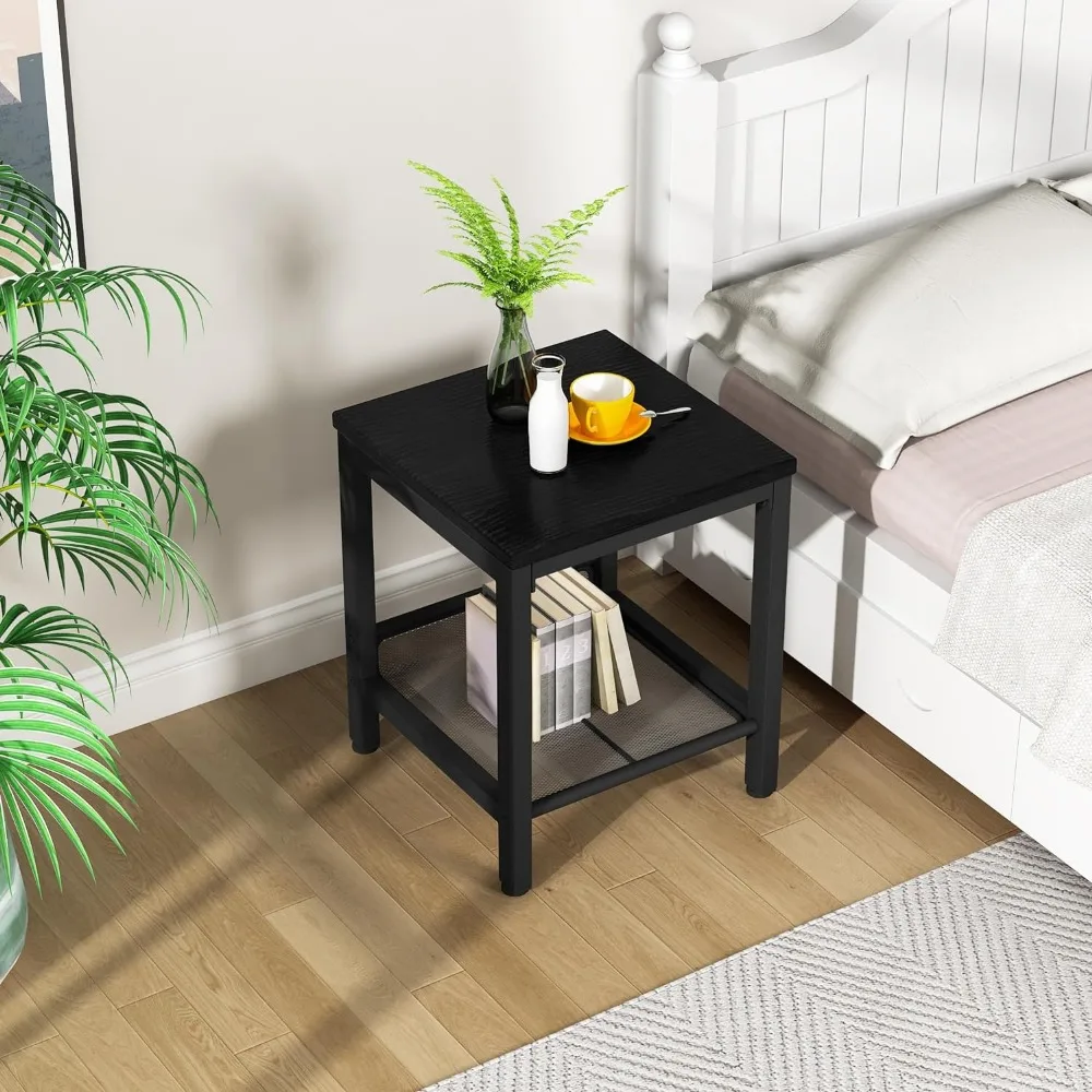 3 Pieces Living Room Table Set, Industrial Coffee Table with 2 Square End Side Tables, Coffee Table Set with Metal Frame