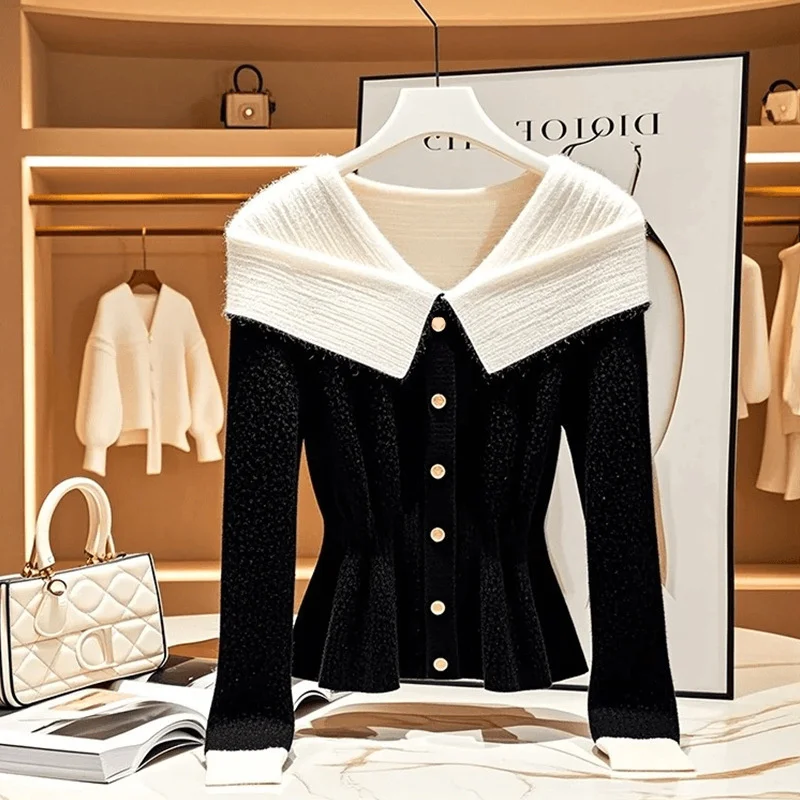 Outono inverno contraste camisola de malha feminina usar xale manto curto tricô camisola feminina casual jumper malhas camisola