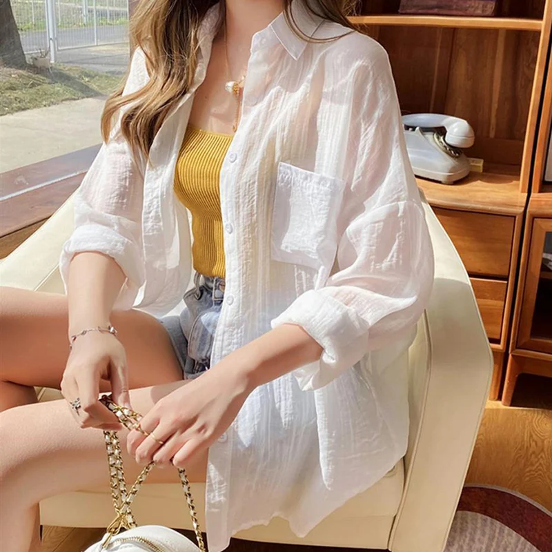 White Chiffon Sun Proof Blouse Women Summer Loose Long Sleeve Casual Thin Shirt Woman Simple Solid All Match Beach Shirts Mujer