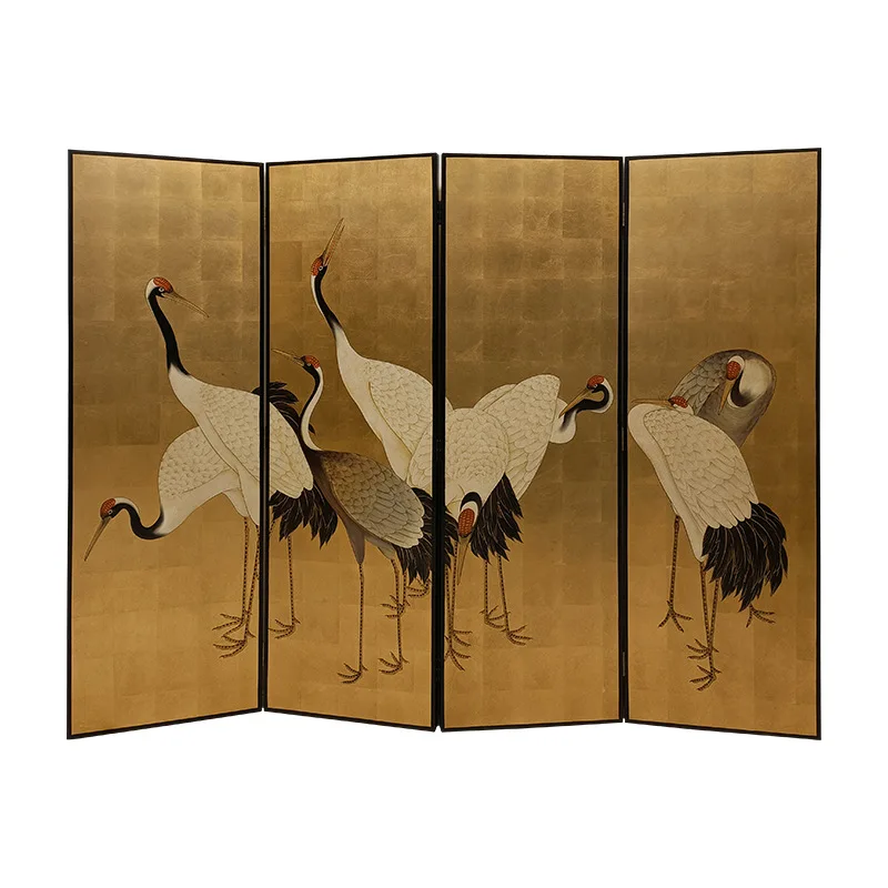 Crane hand-painted gold foil screen, lacquer painting living room partition tea room background home folding screen