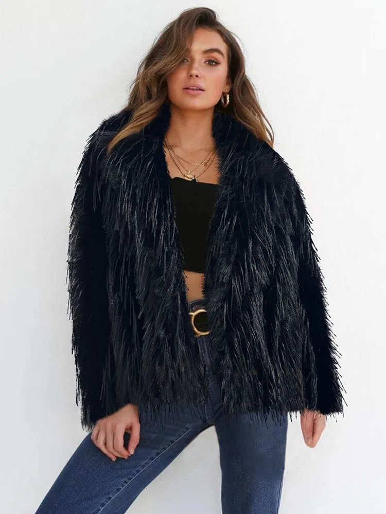 Zadorin casual lapela peludo branco preto casaco de pele do falso roupas femininas elegantes borlas solto casaco de pele do falso jaquetas de inverno outerwears