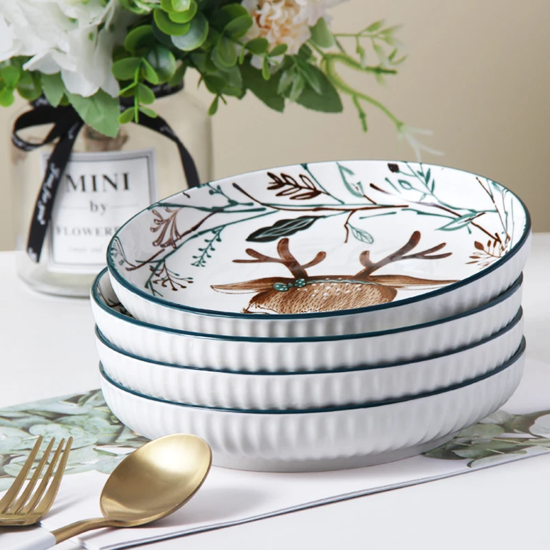 Nordic Ceramic Hand-Painted Glazed Color Plate Bowl Cartoon Deer Household Anti-Hot Baking Plate Forest Animal Tableware