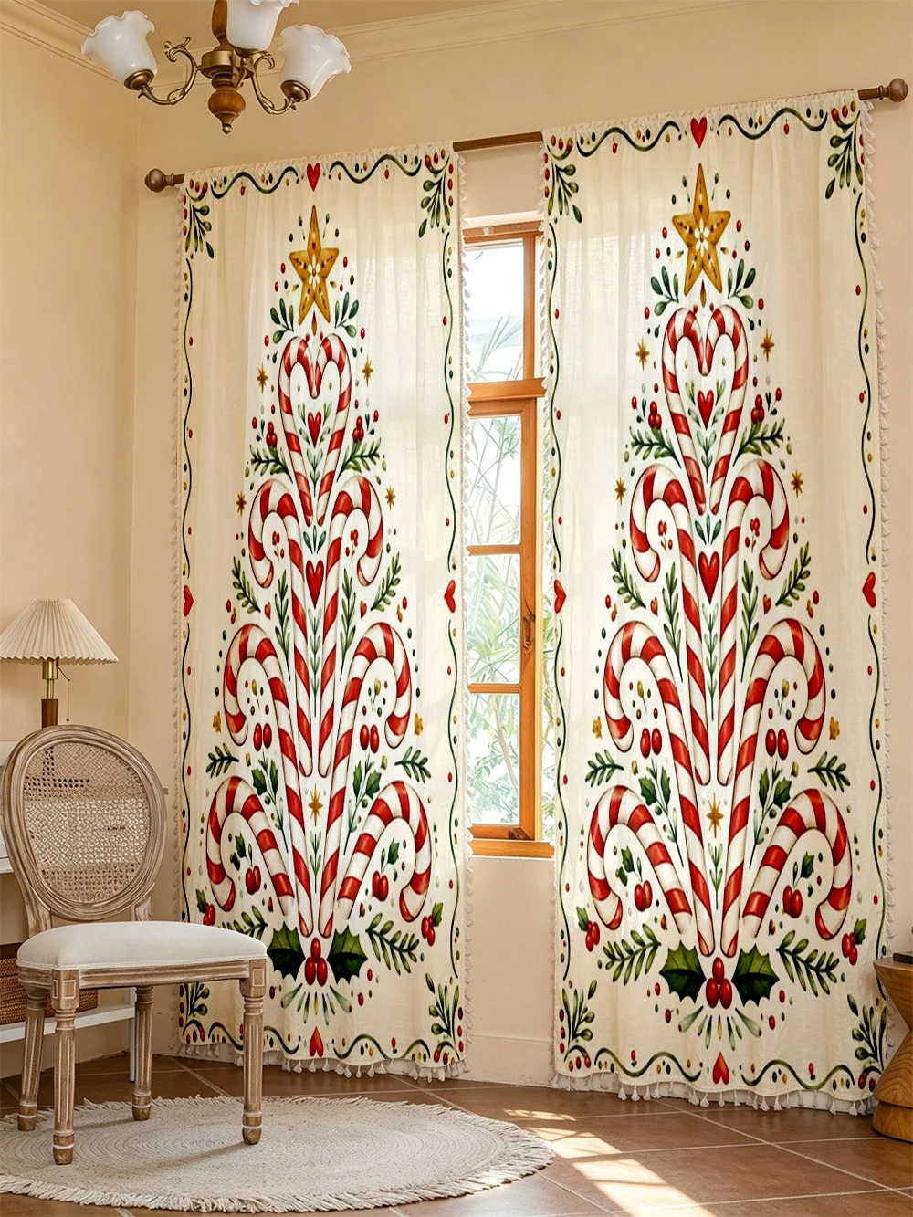 1PC Christmas Winter Tassel Sheer Curtains, Candy Cane Heart, Digital Print, Linen Polyester, Bedroom Living Room, Home Decor