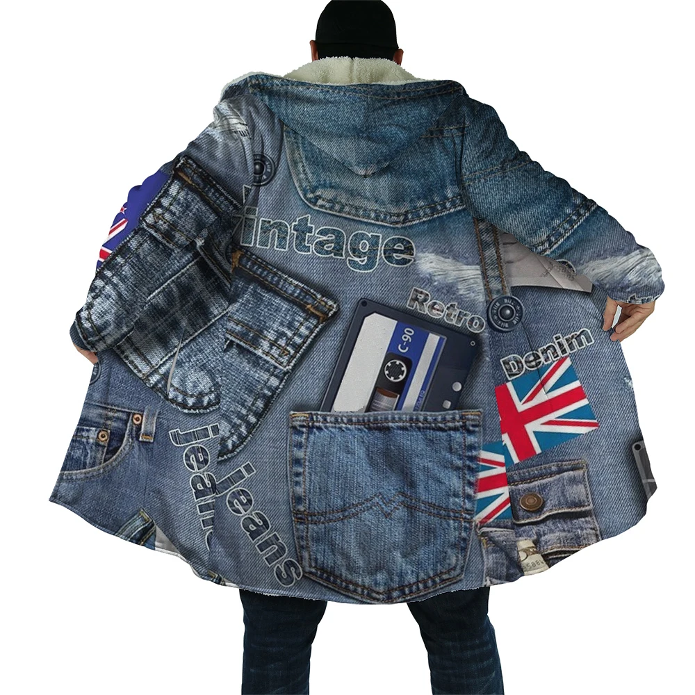 

HX Winter Cape Fake Vintage Denim UK Flag Pocket 3D Printed Hooded Cloak for Men Windproof Fleece Hoodie Blanket Mens Coats