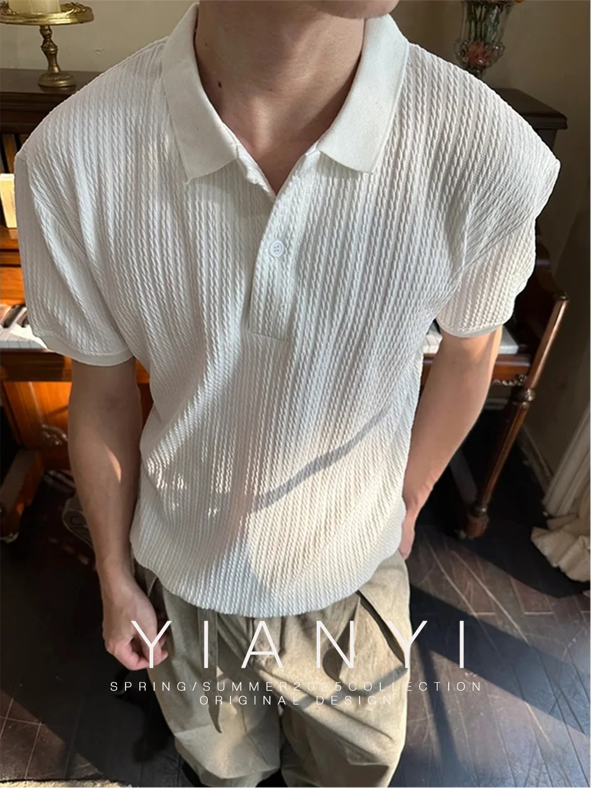Man Short Sleeve T-shirt 2025 New Men's Henley Collar Short Sleeve Knit Shirt Unisex Retro Cleanfit Lapel Design