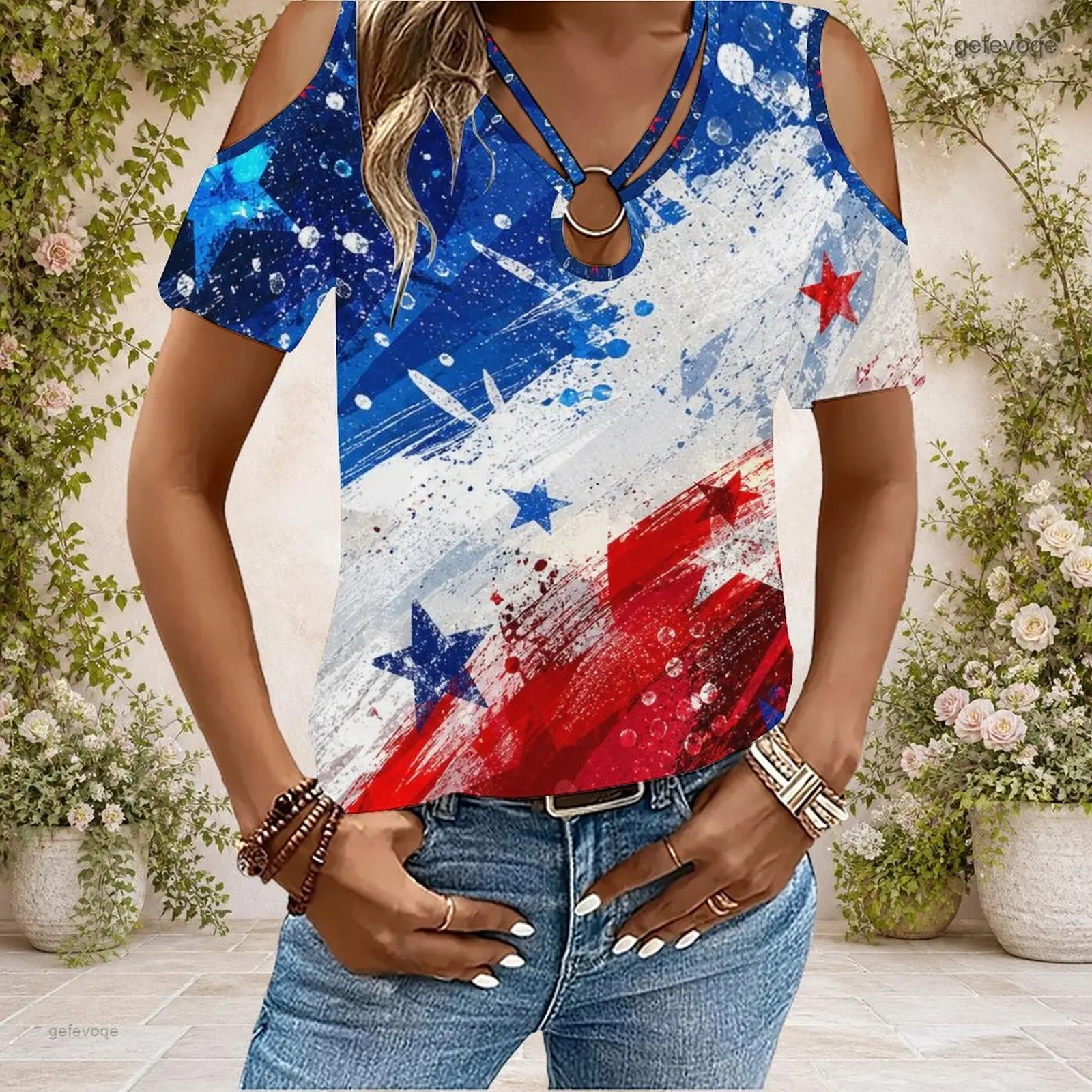 Women Cold Shoulder Short Sleeve T Shirt V Neck O Ring Keyhole Cutout Loose Casual Top Custom Print Ladies Daily Blouse - view 2