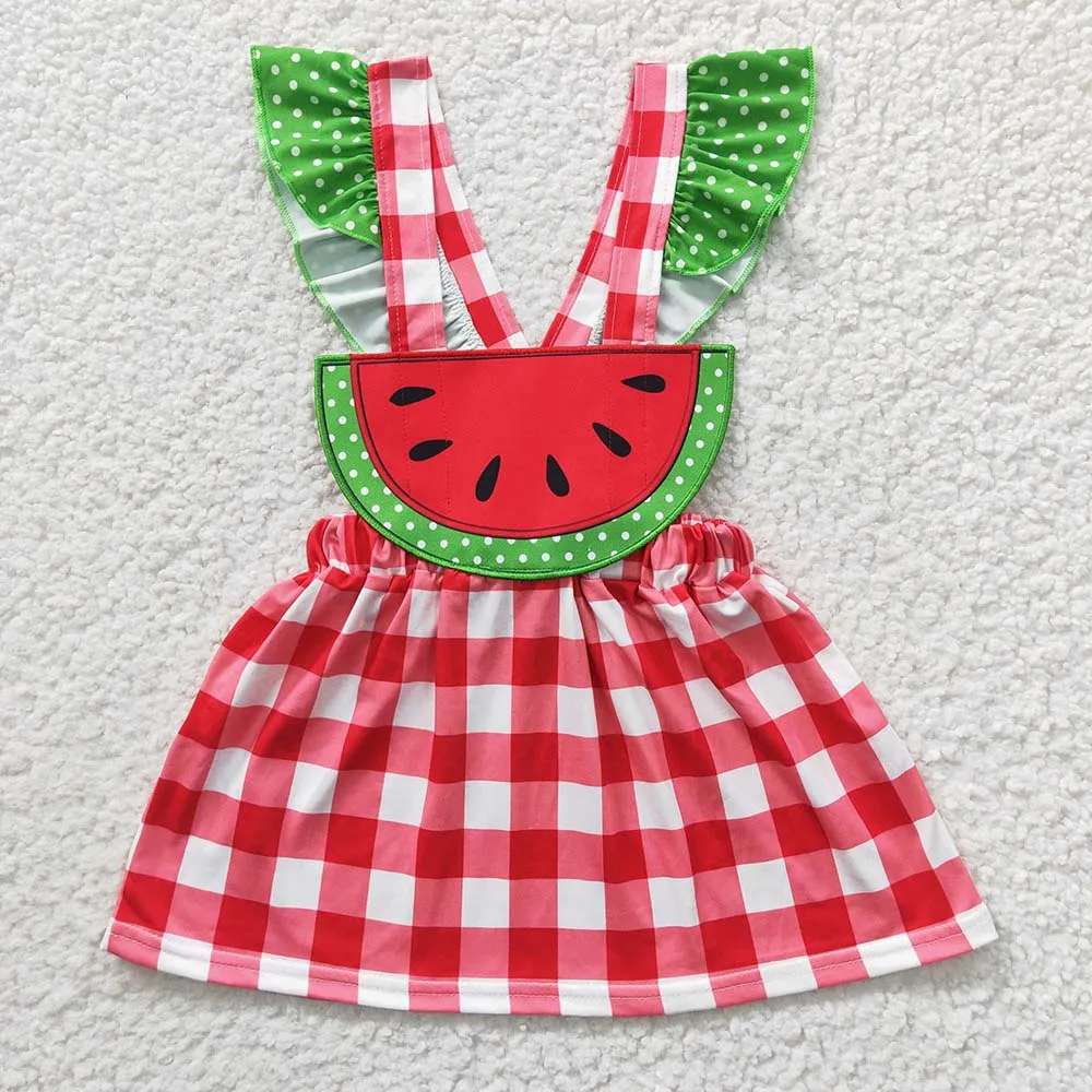 Wholesale Baby Girl Summer Embroidery Watermelon Strawberry Short Sleeves Kid Red Plaid Dress Children Toddler Suspender Clothes