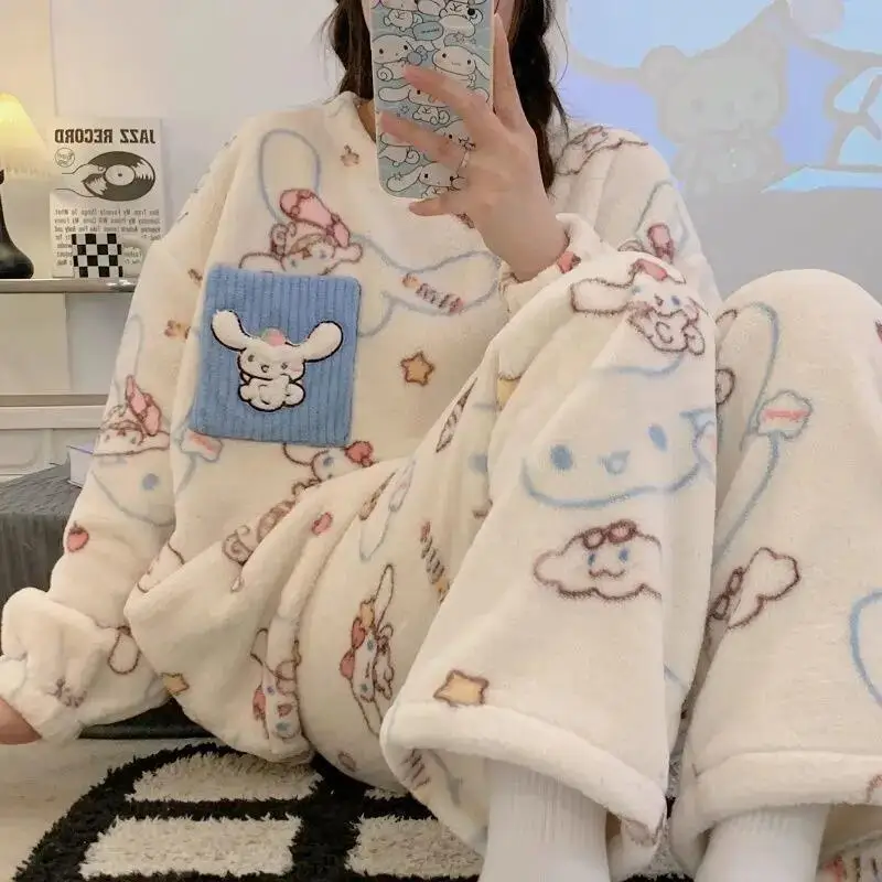 Women's Pajamas Hello Kitty Autumn Winter Coral Velvet Home Clothes Kawaii Girls Pajamas Set Soft Cartoon Loose New Style Gift view 3