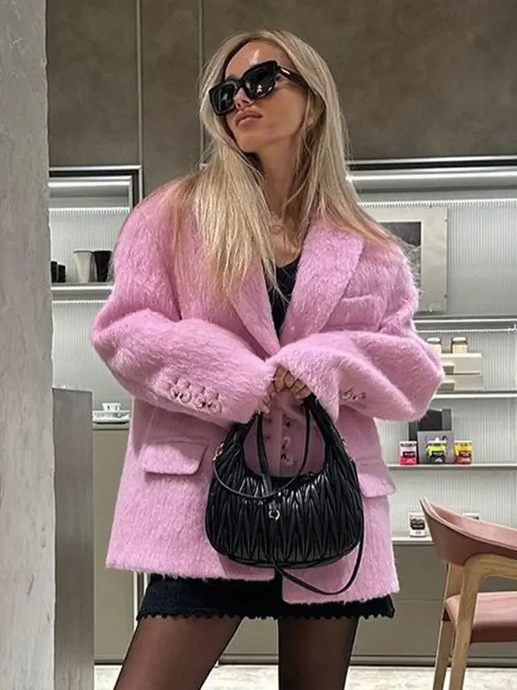 Fashion Solid Plush Lapel Blazer Coat Women Single Breasted Casual Pockets Loose Jackets Autumn Long Sleeves Lady Overcoat