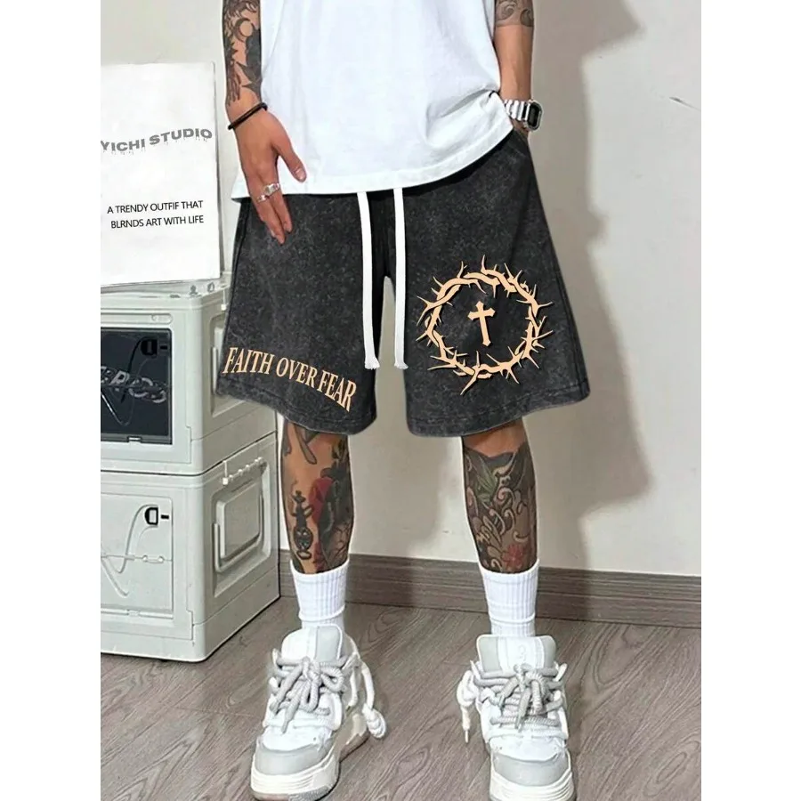 

290g Washed Shorts Faith Surpasses Fear. Summer Men's Retro Washed Casual Street Sports Shorts Comfortable And Breathable Suita