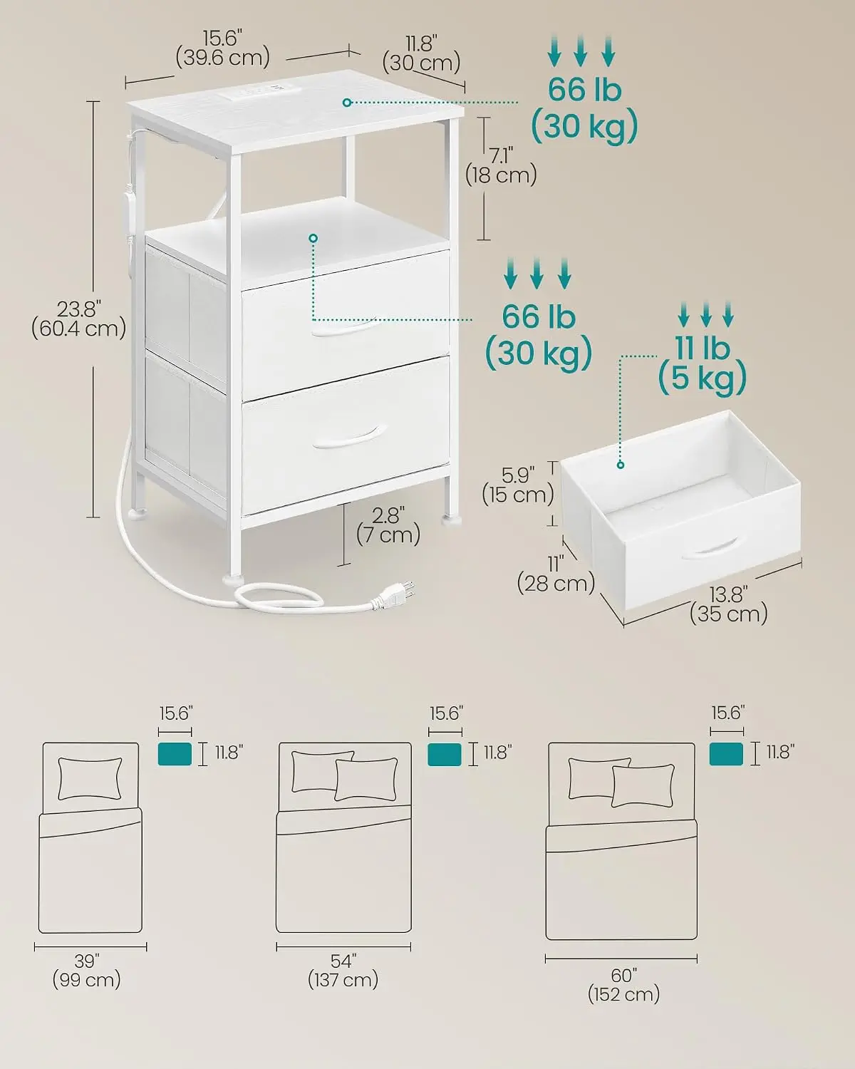 Nightstand Featuring a Built-In Charging Station and Two Fabric Drawers