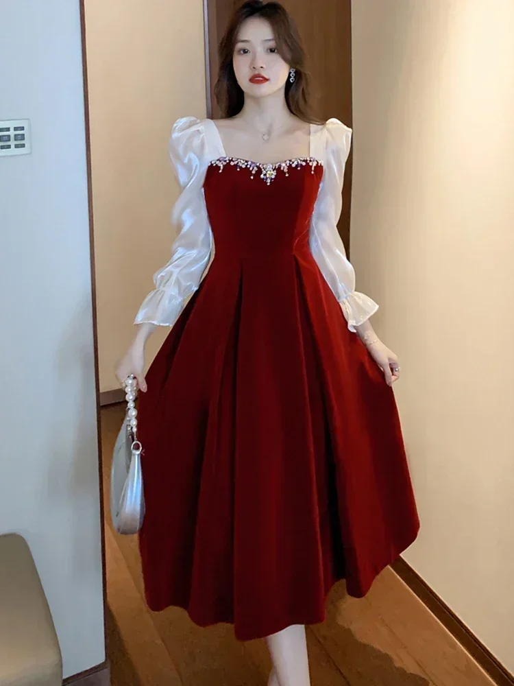 Koreaanse vintage feestjurk 2025, rood fluwelen satijn, luxe elegante jurk voor bruiloft, vrouwen, lente herfst, bodycon-jurk met lange mouwen
