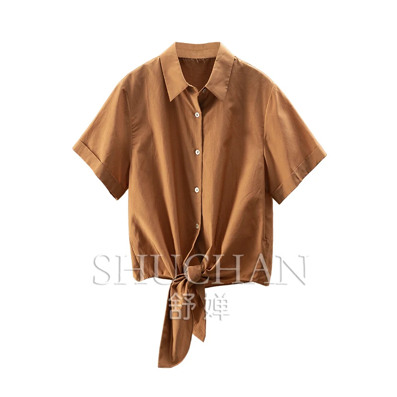 قميص نسائي عالي الجودة بتصميم قطني حريري برباط وأكمام قصيرة 55A0 Blusas Mujer De Moda 2025 Verano