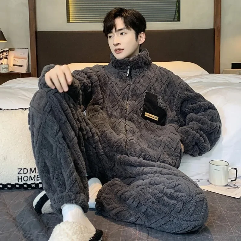 Antistatic Coral Fleece Men\'s Winter Pajamas Set Thicken Flannel Warm Sleepwear Big Size 3XL Zipper Soft Pajama Men pyjama homme