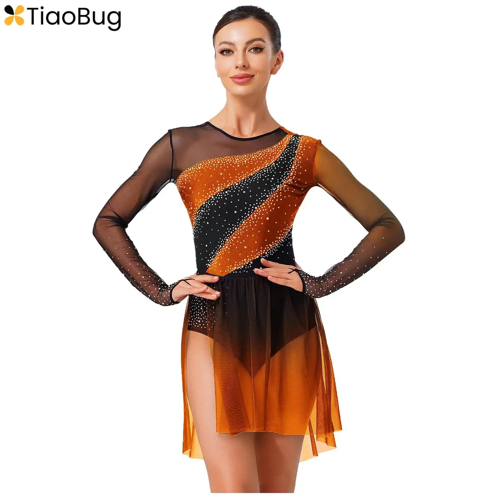 

Womens Gymnastics Figure Skating Dance Leotard Dress Shiny Rhinestones Sheer Mesh Skirted Dress for Lyrical Dance Ballet Dresses
