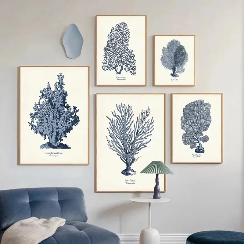 Navy Blue Indigo Sea Coral Sea Life Beach Coastal Vintage Nautical Wall Art Posters Prints Canvas Painting for Room Home Decor