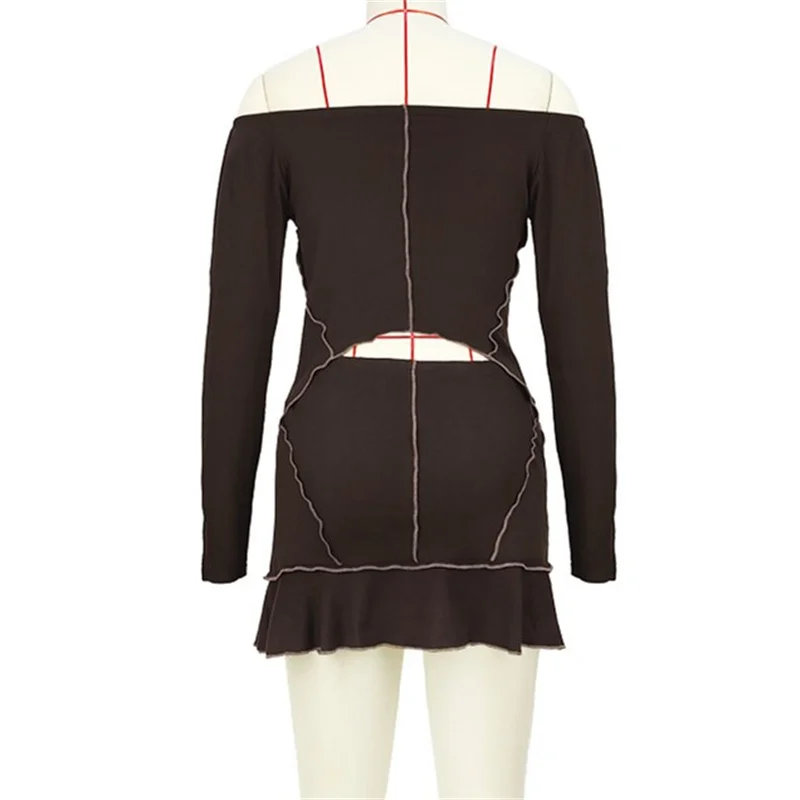 Sexy Off The Shoulder Long Sleeve Tops Splicing Pleated Hem Ultra-short Skirt Separate Two Piece Sets Women's Solid Color Suits