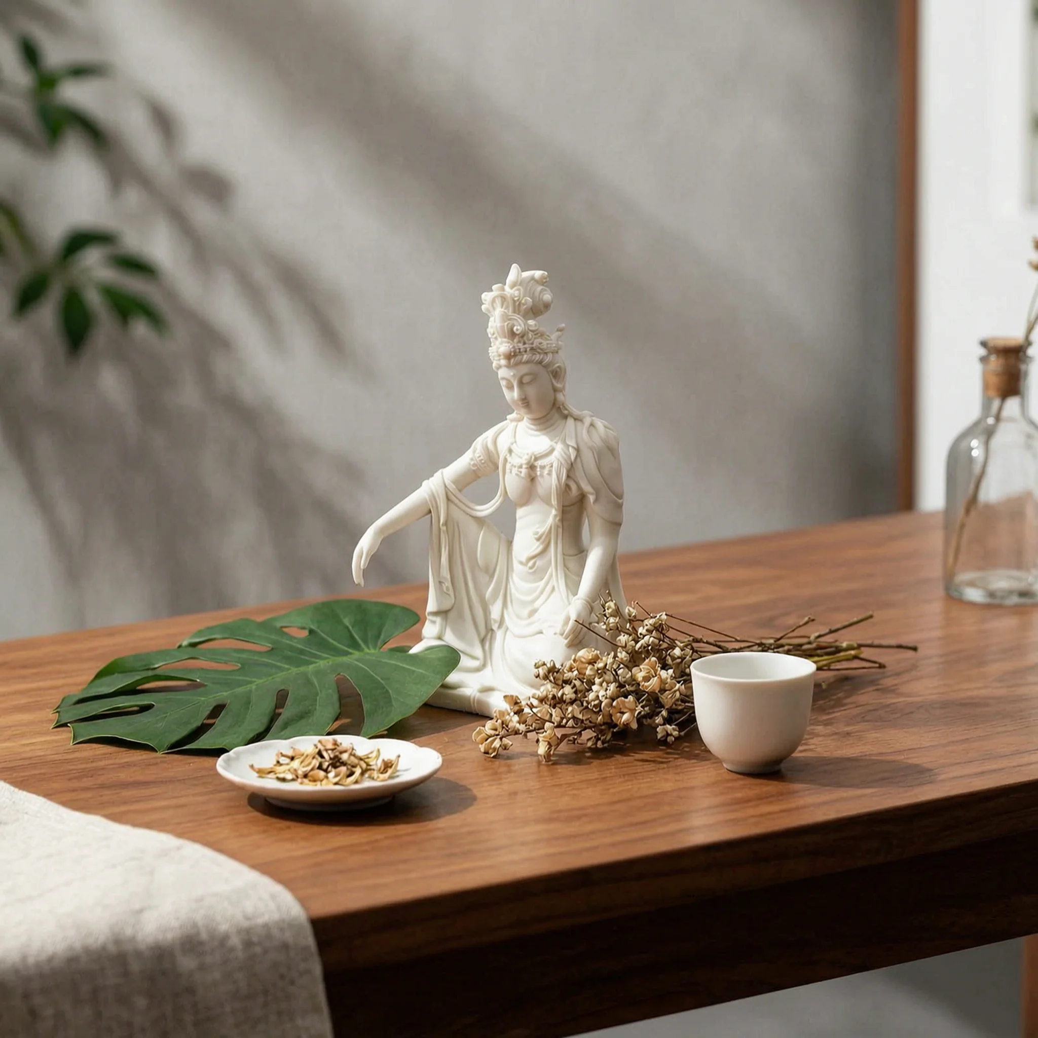 Seated Guanyin Statue Detailed Robes Guanyin Statue Bodhisattva Ornament Intricate Carving Bodhisattva Figurine Serene Ambiance