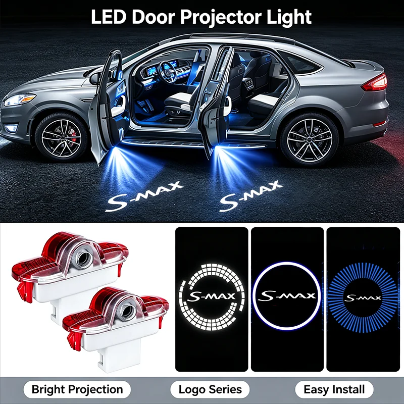 2PCS Car Emblem Door Welcome Lights for Ford S-MAX Logo 2007-2008 Modification Auto LED HD Projector Shadow Lamp Decoration